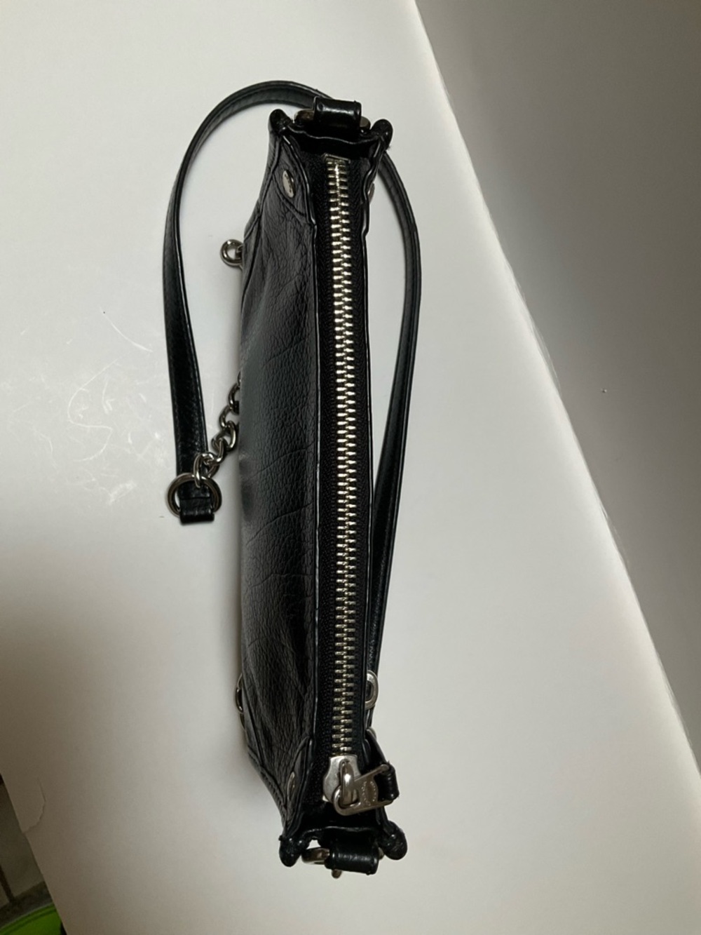 COACH Shoulder Bag Mickie Black pebbled Leather Crossbody w/ Silver Chain Strap - Picture 6 of 14